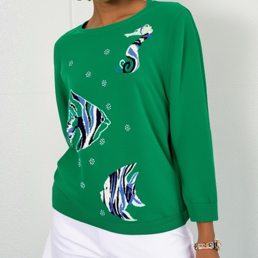 Vintage Sweater Y2K Seahorse Coastal Nautical Beaded Green Blue Silver Size Med